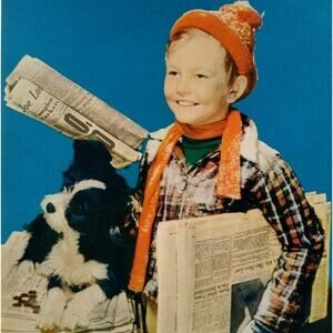 Boy And Dog Black & White Puppy Paperboy Art Print Vintage 1940s Lithograph NOS